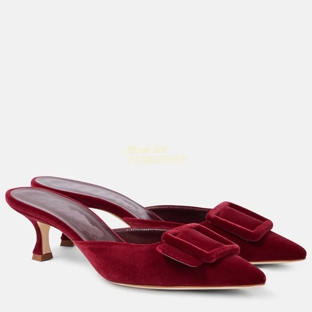 벨벳 뮬 스틸레토 얇은 하이힐 버클 장식 스틸레토 얇은 하이힐 활주로 2024 가을 봄 여성 드레스 슬라이드