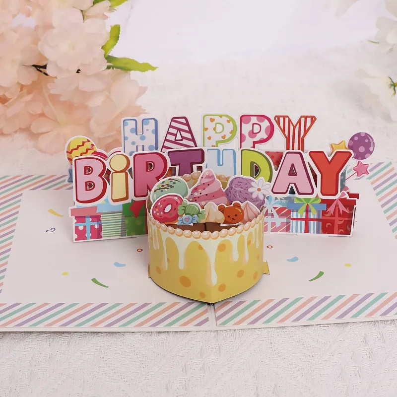 1 pcs Pop up style American ice cream Happy Birthday greeting card children's cartoon postcard cute 3D pop-up food cake gift