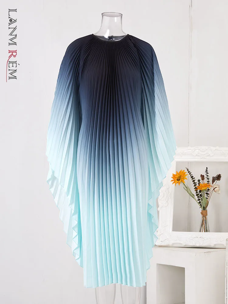 

LANMREM Pleated Gradient Belt Dress For Women Round Neck Batwing Sleeves Fashion Dresses Female Clothes 2023 Spring 2YAa2234