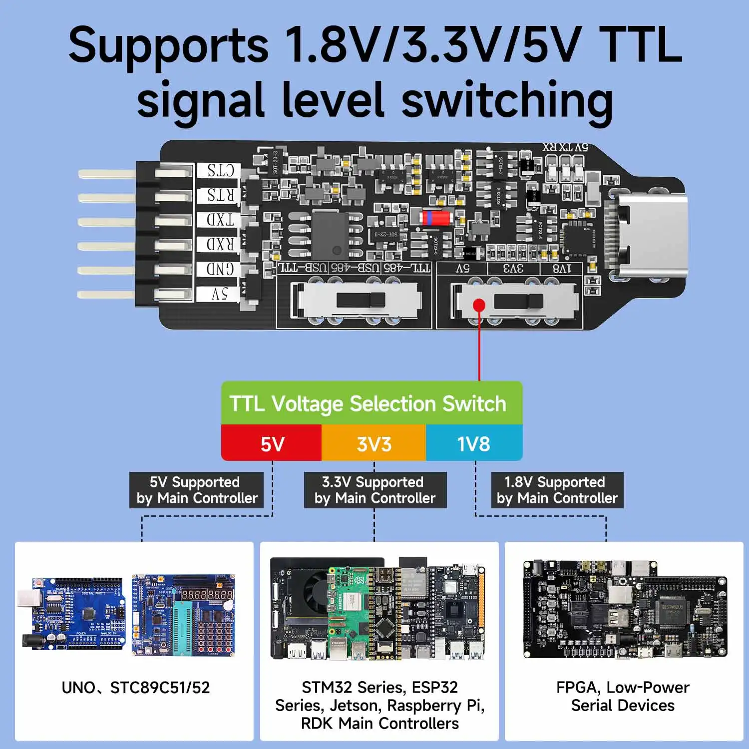 USB to TTL/USB to RS485/TTL to RS485 3-In-1 직렬 포트 변환기 Type-C 인터페이스 통신 모듈 1.8V/3.3V/5V 레벨스위치