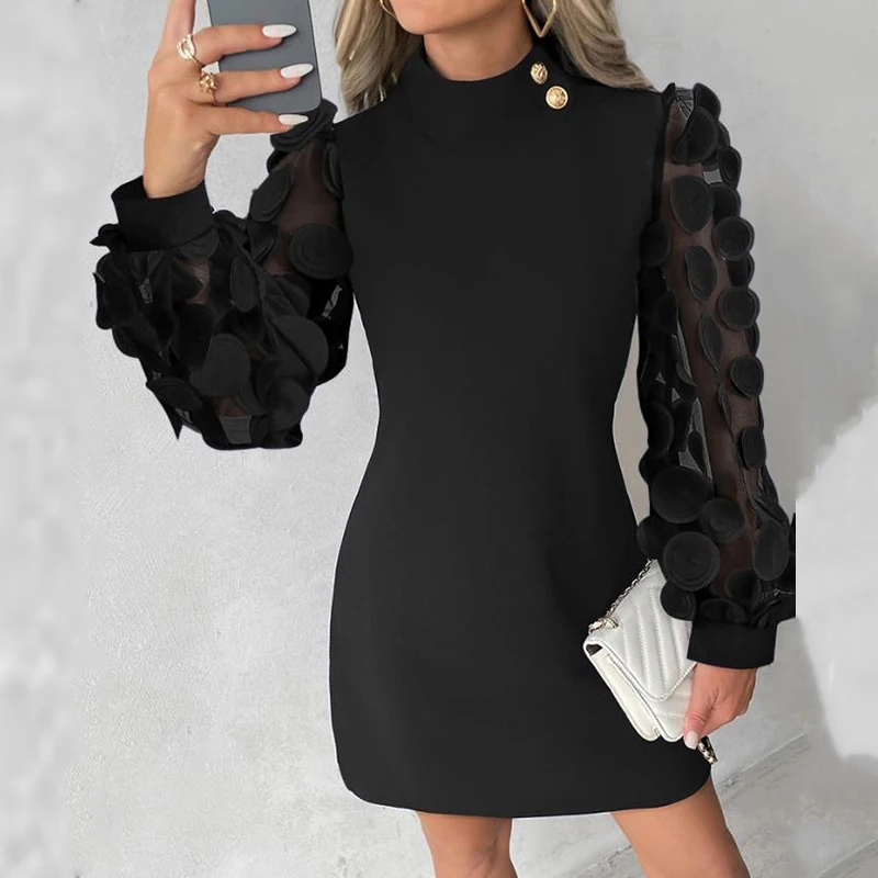 

Elegant Solid Color Mesh Lace Patchwork Dress Female Turtleneck Long Sleeve Slim Party Dress Autumn Button Commute A-Line Dress