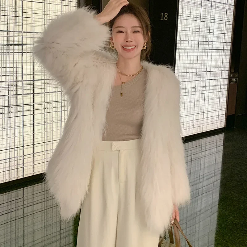 Raccoon Dog Fur Jackets Double-sided Woven Women's Clothing Middle Aged Coat Thick Warm Long Sleeve Cardigan Knitted Tops Slim
