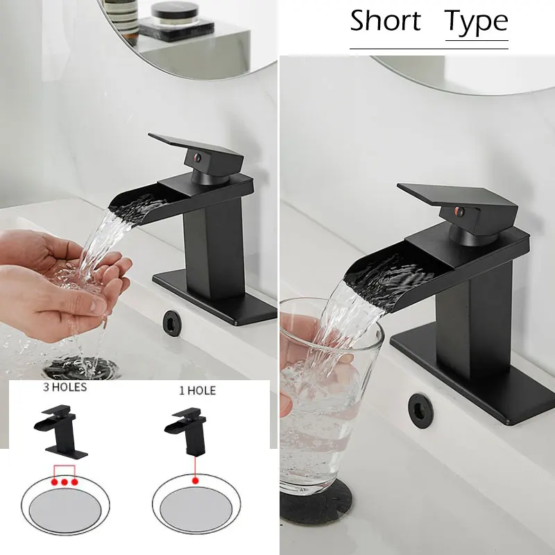 

1 Holes or 3 Holes Chrome/Matte Black Waterfall Single Hole Single-Handle Low-Arc Bathroom Cold Hot Water Mixer Faucet Sink Taps