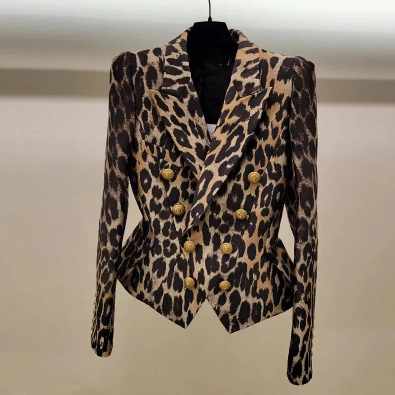 

Женский двубортный Блейзер, винтажный пиджак с леопардовым принтом, короткая куртка, верхняя одежда для весны и осени 2024