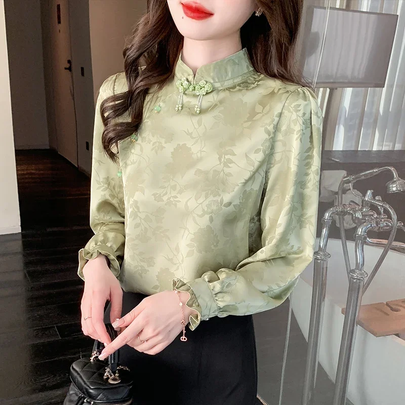 

Женская атласная рубашка в китайском стиле, свободные блузки с принтом, модная одежда, винтажные Женские топы с длинным рукавом для весны и лета YCMYUNYAN