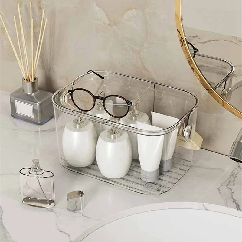 Large Transparent Plastic Bath Storage Basket With Lid And Hollow Bottom For Bathroom Organization
