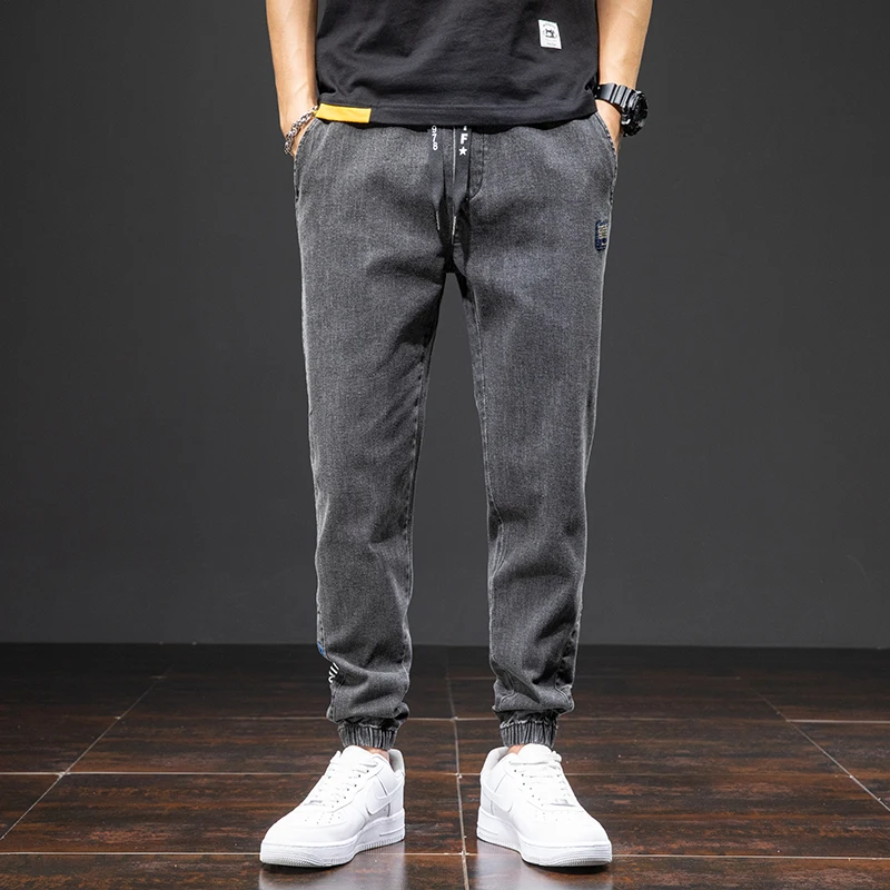 Large size elastic workwear jeans, men's ankle tied Harlan pants, wear-resistant and fat added, plus size trendy and loose 4