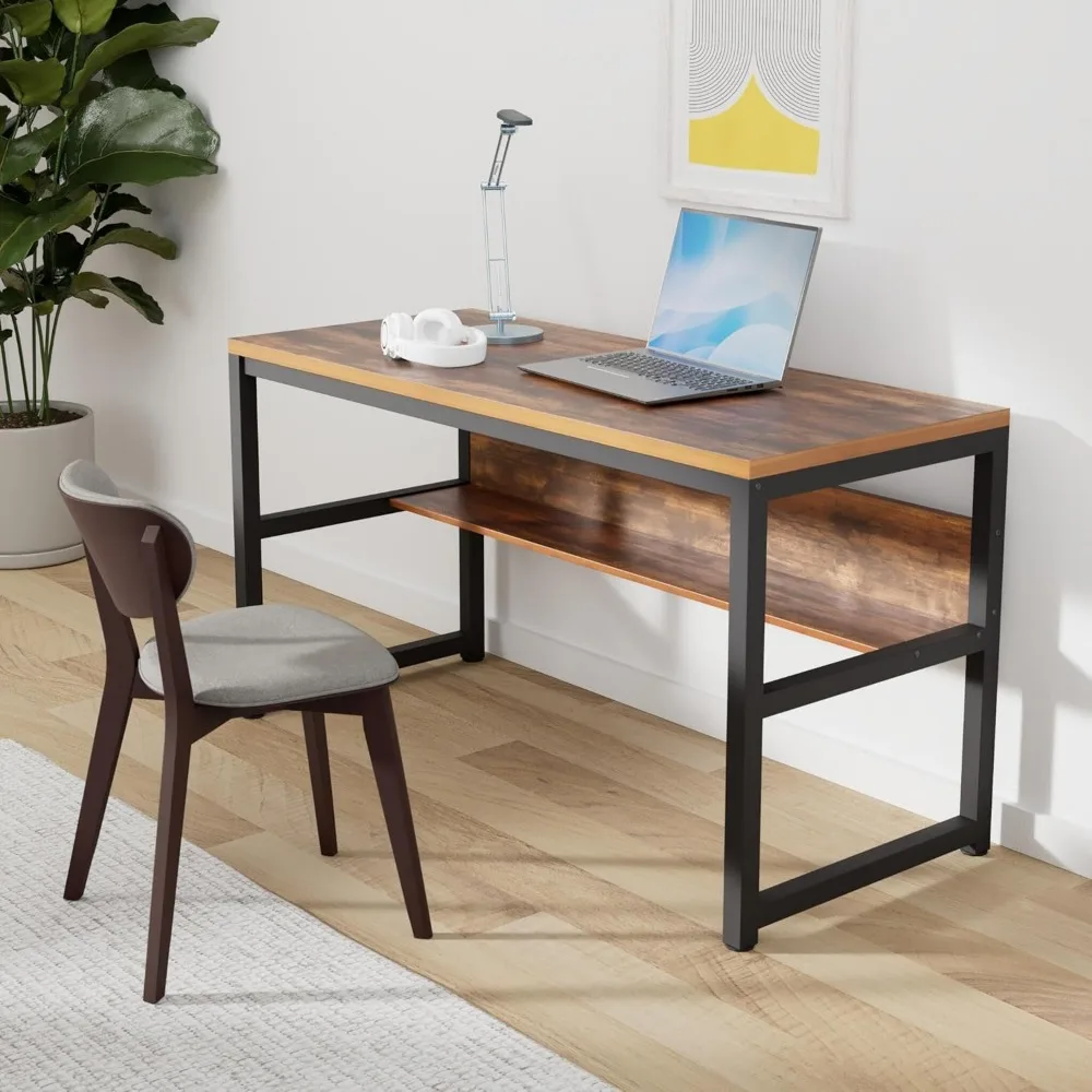 Computer Desk with Bookshelf/Metal Hole Cable Cover 1.18" Thick Desk (55", Rustic Brown)