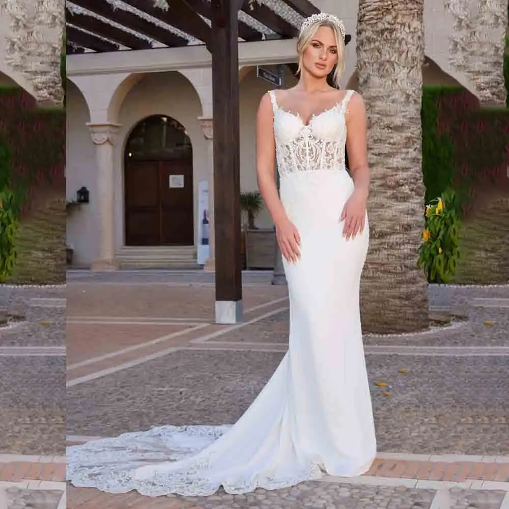 

vestidos de novia Spaghetti Straps Appliques Lace Satin Pleated Wedding Dress for Women Mermaid Court Backless Wedding Gown