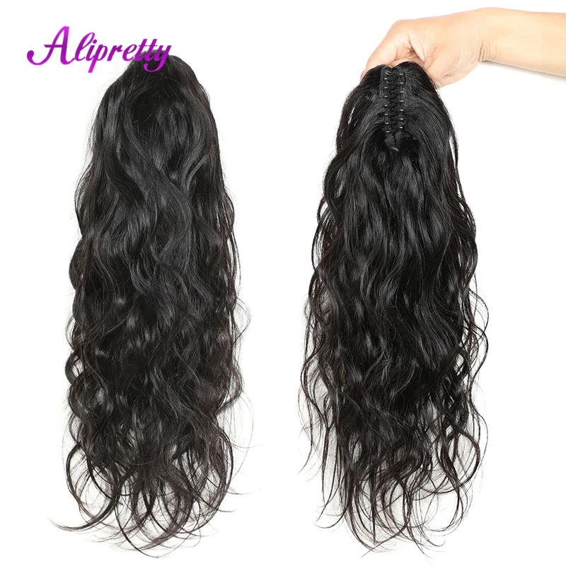 Alipretty-Brazilian Ponytail Cabelo Humano para Mulheres, Ondulado Natural, Clip Ins Hairpieces, Extensões de Onda Corporal