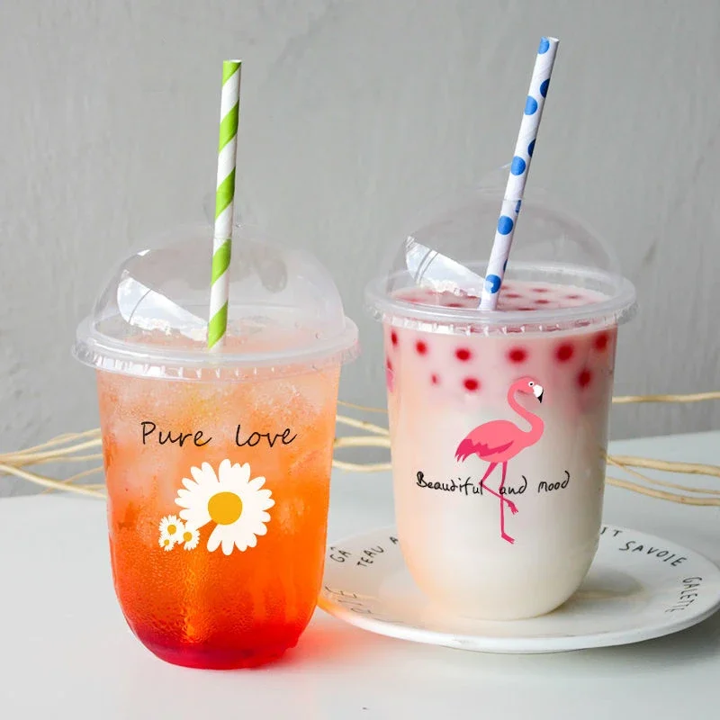 100pcs Disposable Daisy Flamingo Printed Milk Tea Cups  Food Grade PP Plastic Mug Juice Fruit Leak Proof U-shaped Cup with Lid 2