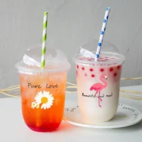 100pcs Disposable Daisy Flamingo Printed Milk Tea Cups  Food Grade PP Plastic Mug Juice Fruit Leak Proof U-shaped Cup with Lid 2