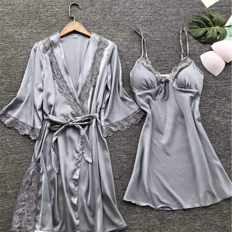 Women Pajamas 2PCS Leepwear Female Pajamas Set Satin Home Pyjamamas Lace Robe Sleep Suit V-Neck Wedding Nightwear Wear Nighty&Rob