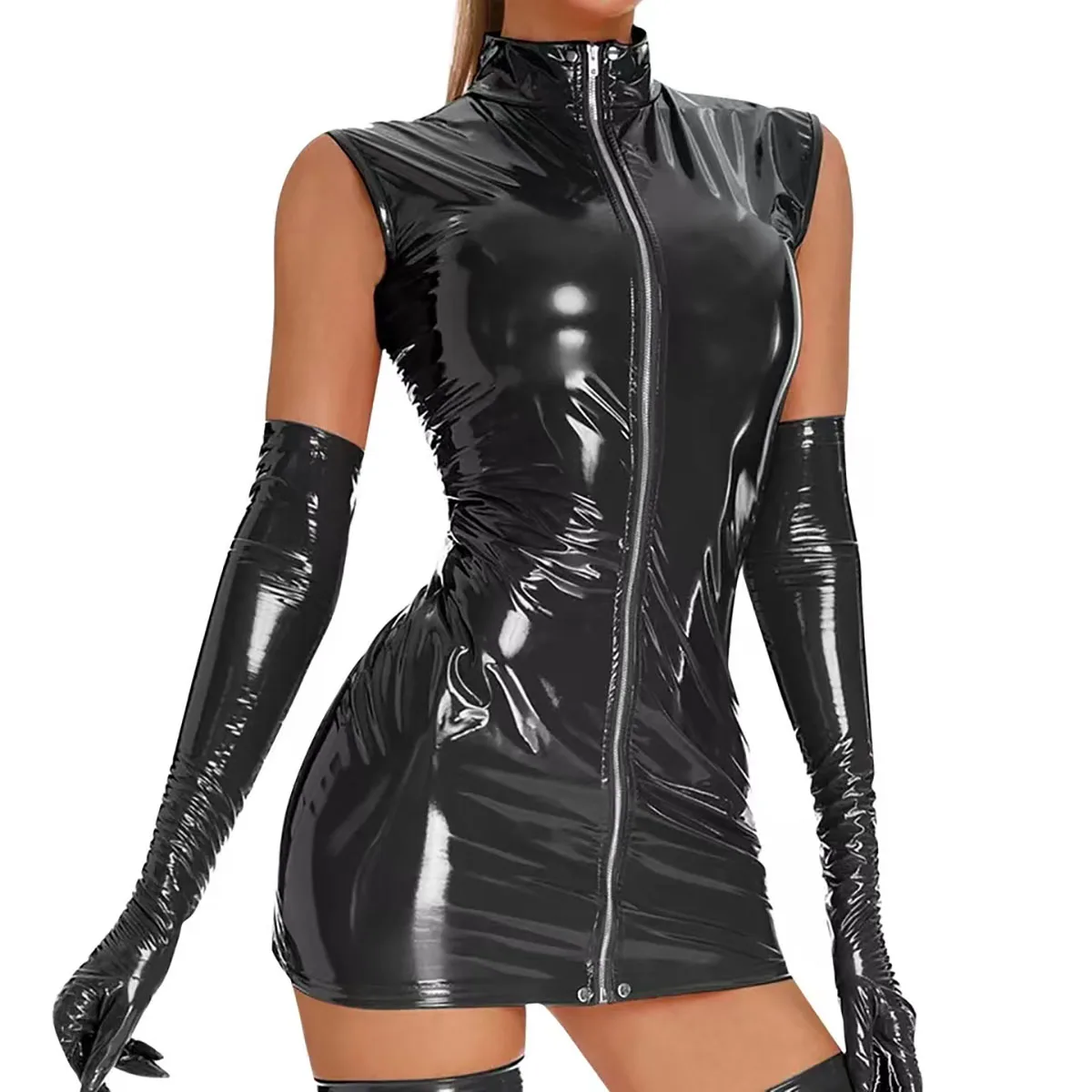 Robe mi-longue en cuir végétalien, fermeture éclair, soutien Robe mi-longue en cuir végétalien, fermeture éclair, soutien