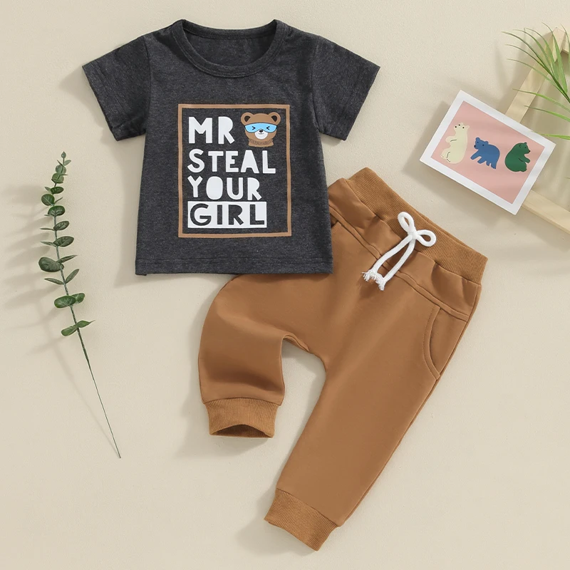 

Baby Clothing Boy Summer Outfits Girl Short Sleeve Bear Letter Print T-Shirt + Pants Set Toddler Cotton Clothes