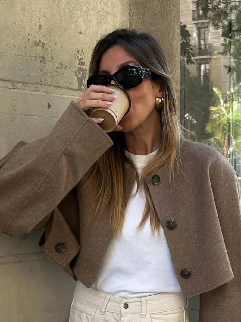 

Autumn Winter Short Loose Woolen Coats Streetwear Fashion 2023 O-neck Long Sleeve Single Breasted Outerwear Ladies Jacket Tops