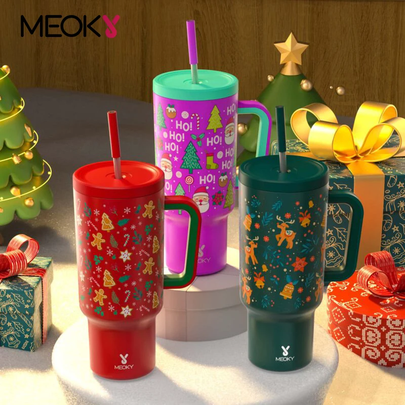 Stainless Steel Thermos Cup Meoky 40oz Christmas Vacuum Cup Large Capacity Tumbler With Lid Portable Coffee Car Mug Juice Milk