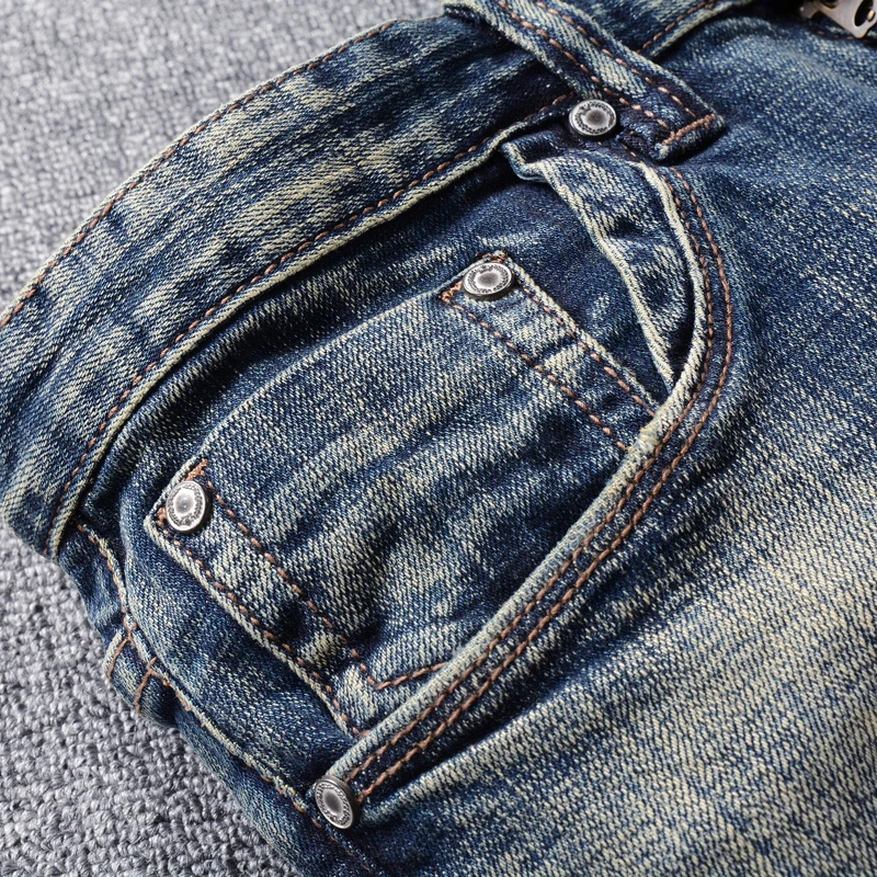 Vintage Fashion Men Jeans Retro Blue Slim Fit Stretch Ripped Jeans Men Embroidery Patchwork Designer Casual Denim Pants Hombre