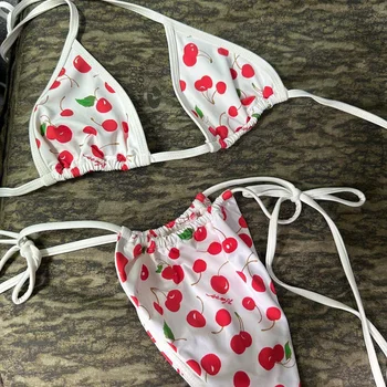 Sexy Cherry Print Lingerie Femme Bra Swimwear Bra Set Set For Women Cute Bikini Strap Lingerie Set Female Underwear Bralette New 1