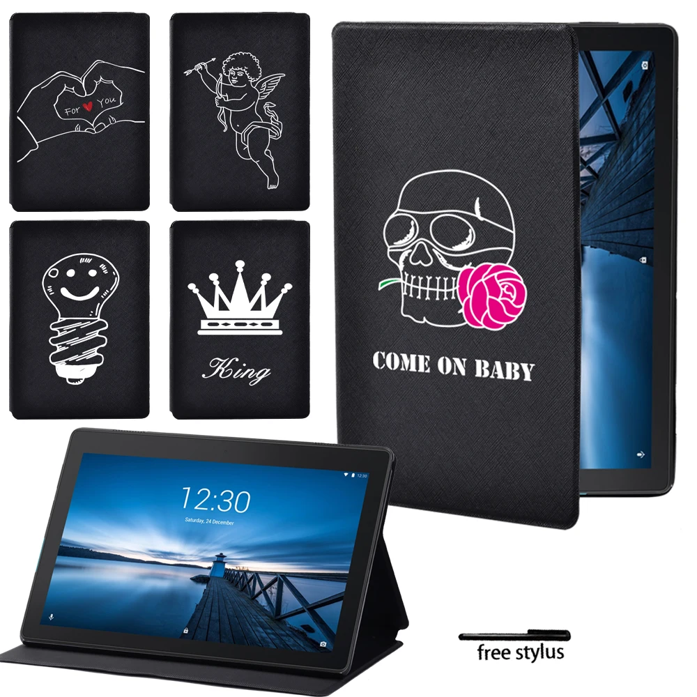 

Protective Shell Fits Lenovo Tab M10/Tab E10 10.1 Inch White Image Pattern PU Leather Funda Flip Tablet Stand Cover Case