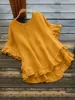 Plus Size Women's 1XL-5XL Solid Color Casual Short Sleeved Round Neck T-Shirt Ladies Ruffled Hem Women's Back Button Up Top