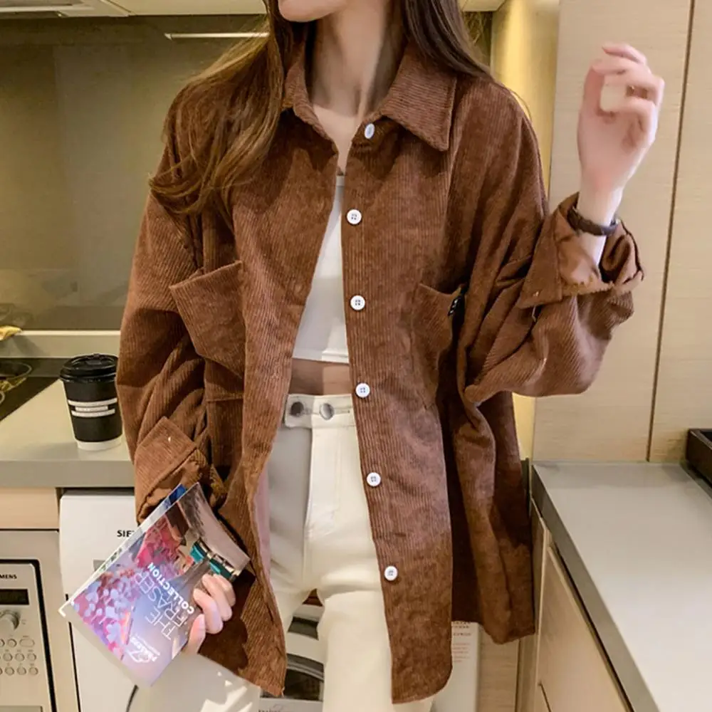 

Women's Jacket Coat Polyester Corduroy Shirt Coat With Pockets Button Solid Color Top