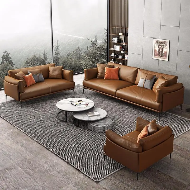 Sofa Coffee Table Set Sofa coffee table combination set simple modern genuine leather three-seater sofa
