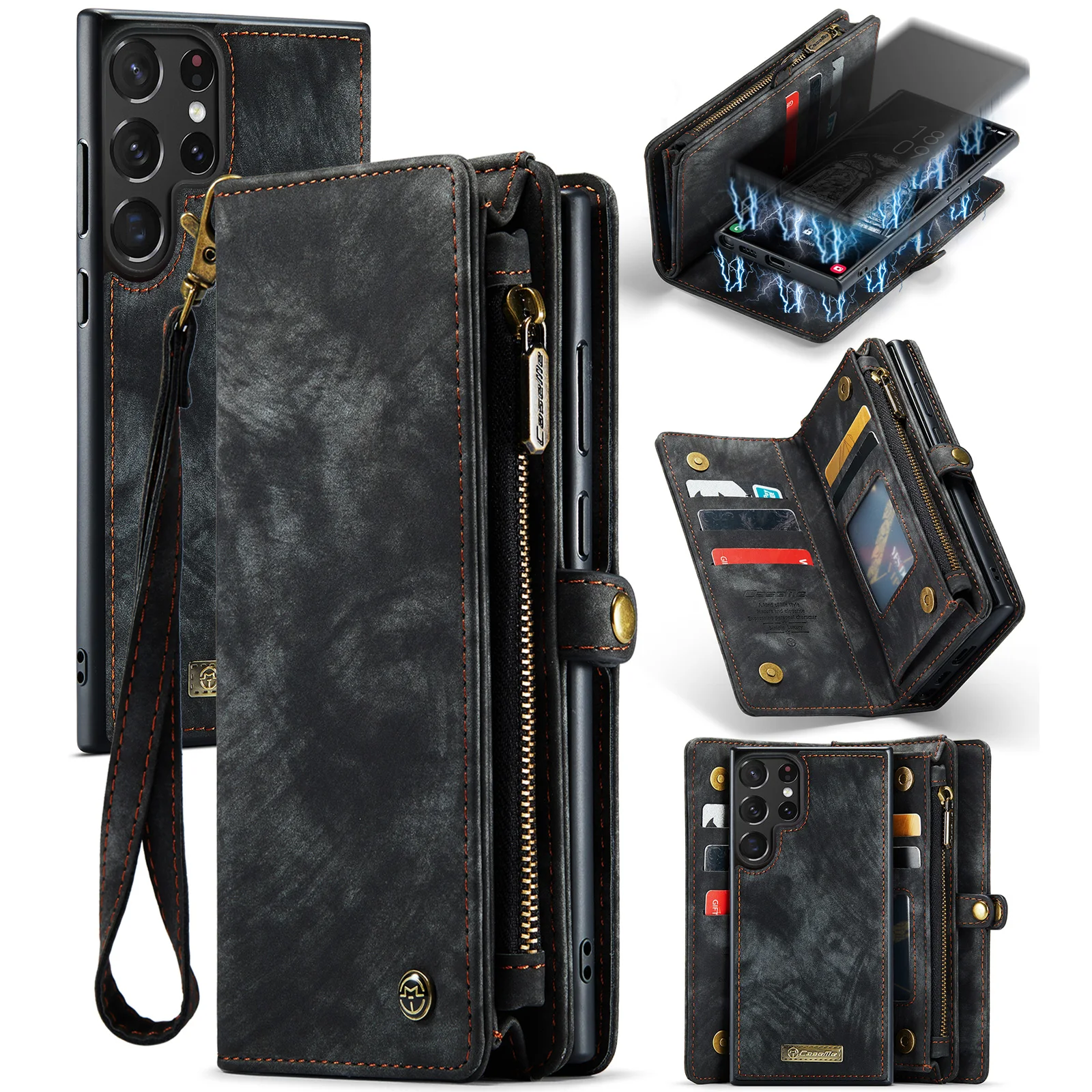 

[2-in-1] for Samsung Galaxy S23 S22 S21 Ultra Wallet Case with Strap Zipper Card Slots Detachable Magnetic PU Leather Case