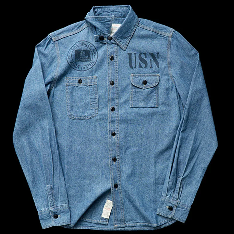 Men's Long Sleeved Denim Shirt Vintage Washed Casual Jeans Shirt Coat Top Male Monroe Printing
