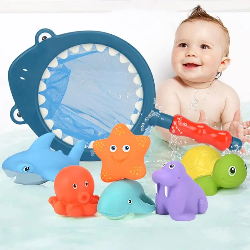 

Pool Baby Bath Toys Water Spraying Floating Animals Bathtub Toy Kids Game Fish Net Swimming Playing for Bathroom Toddler Gifts