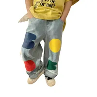 2024 Spring New Children Loose Jeans Baby Girl Color Printing Casual Pants Toddler Boy Harem Pants Kids Versatile Denim Trousers 6