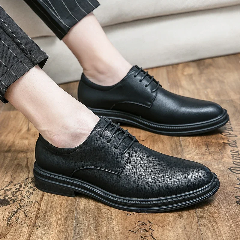 Men Shoes on Sale 2023 New Lace Up Leather Casual Shoes Spring and Autumn Pointed Toe Solid Chunky Heels Work Business Shoes