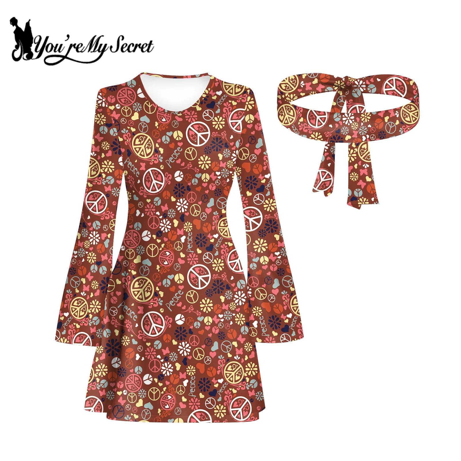 [You're My Secret] Women 70s Floral Printed Disco Dress Hippie Clothes Accessories Halloween Dance Costumes Holiday Clothes 3