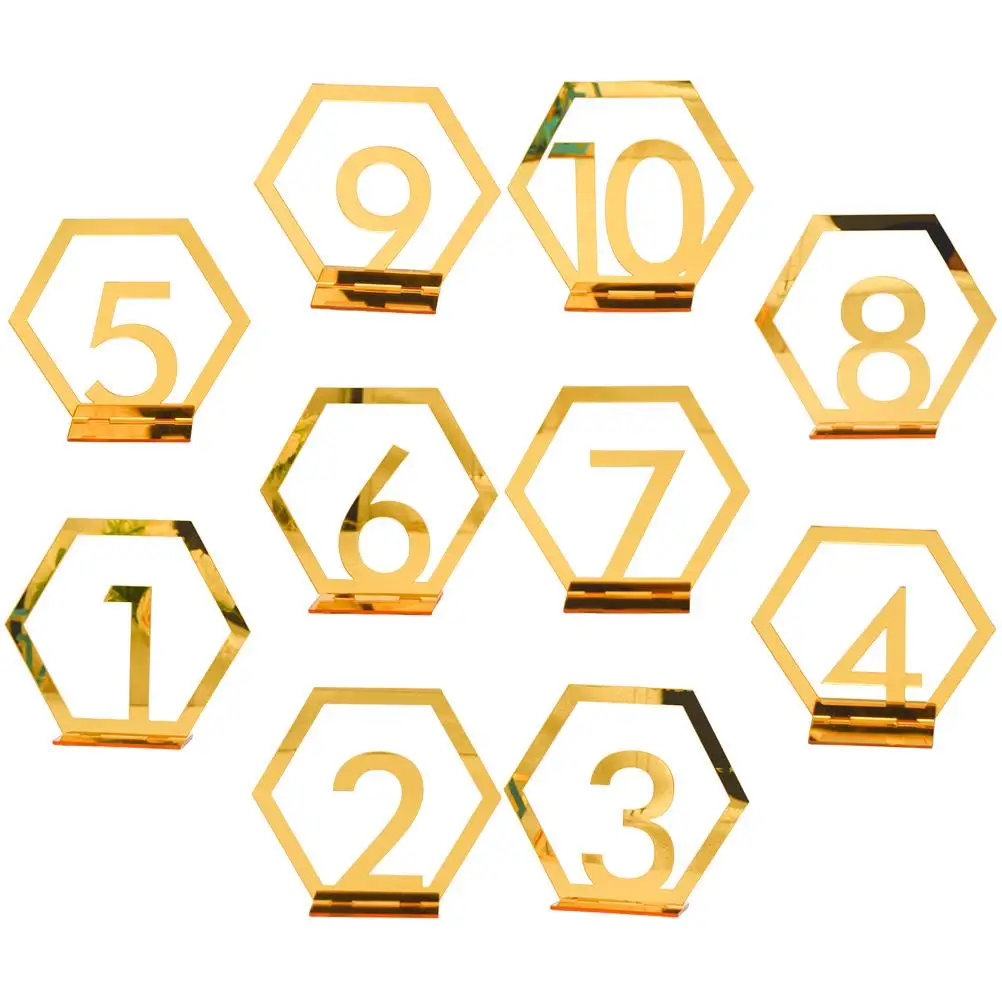 10Pcs Table Number Plates Digital Signage Wedding Reception Banquet Menu Card Holders Golden Clear Numbers Festive Party