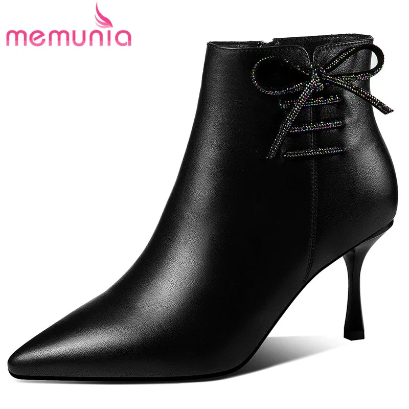 

MEMUNIA 2023 New Pointed Toe Genuine Leather Boots Women Concise Ladies Butterfly Knot Ankle Boots Thin High Heels Winter Boots