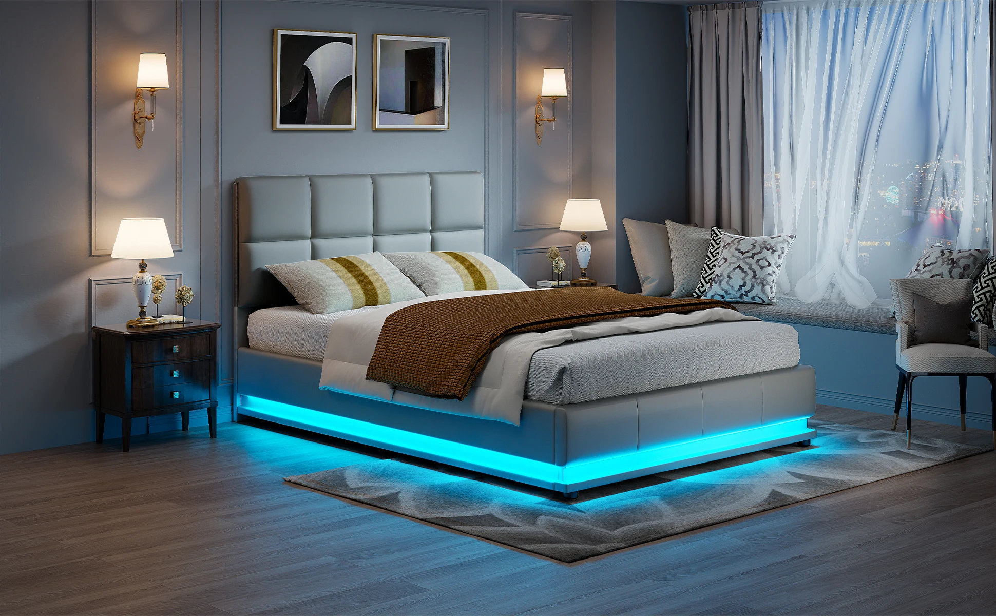 Rosahqnda Polster-Doppelbett 140 x 190 cm mit hydraulischem Stauraum, Jugendbett mit LED und USB-Ladestation – Detail 2