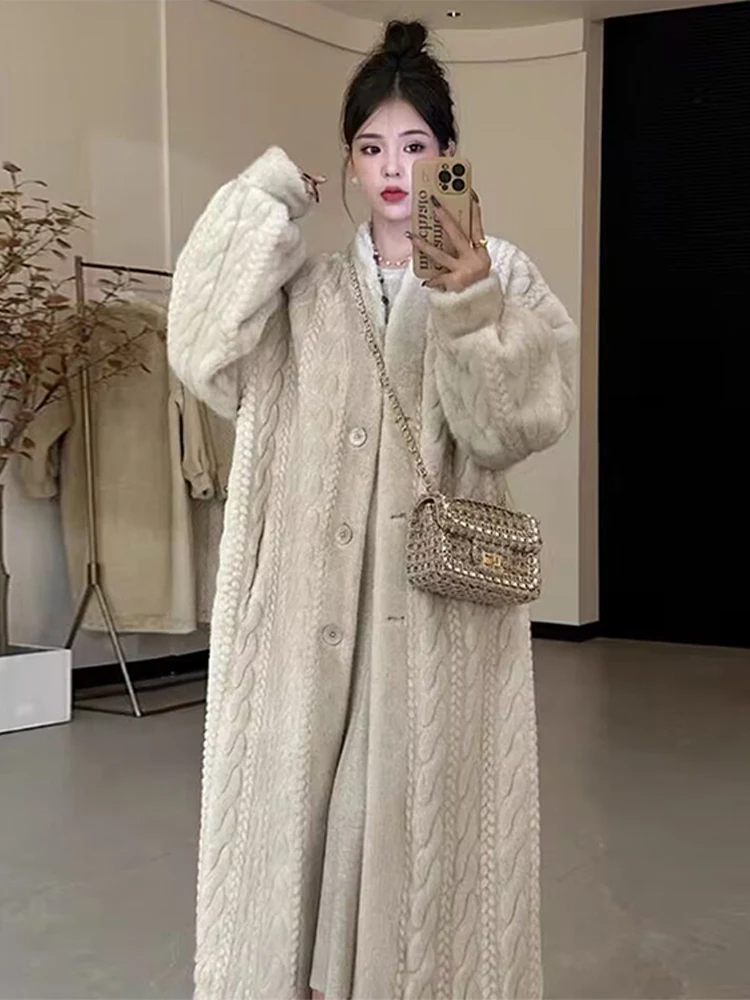 여성용 인조 모피 코트, 두껍고 부드럽고 느슨한 한국 패션, 푹신한 롱 가디건, 여성 2023 겨울 싱글 브레스트 코트