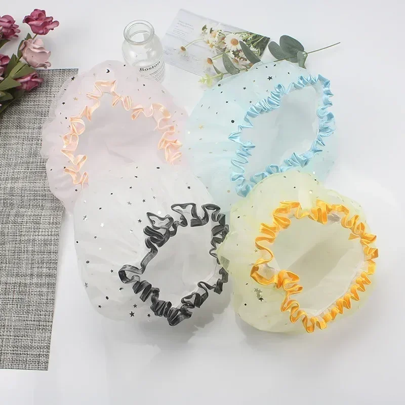 Waterproof Double-Layer Shower Cap Starry Sky Design Fashion Reusable Bathing Hat Kitchen Oil-proof Sanitary Hat Hair Wrap Cute 3