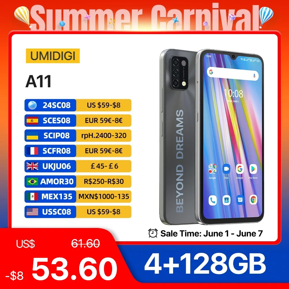 [W magazynie] UMIDIGI A11 wersja globalna Android 11 Smartphone Helio G25 64GB 128GB 6.53 