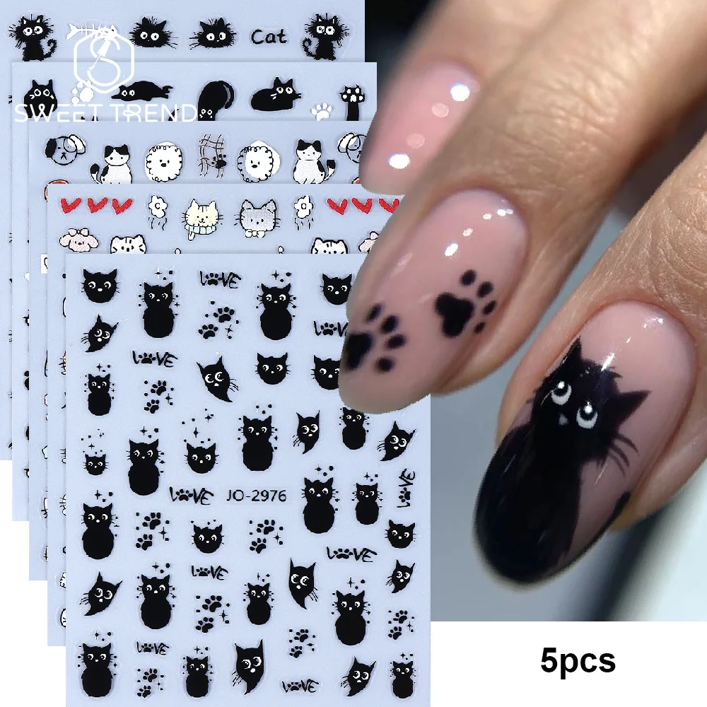 SWEET TREND-5pcs 검은 고양이 네일 스티커 귀여운 고양이 동물 3D..