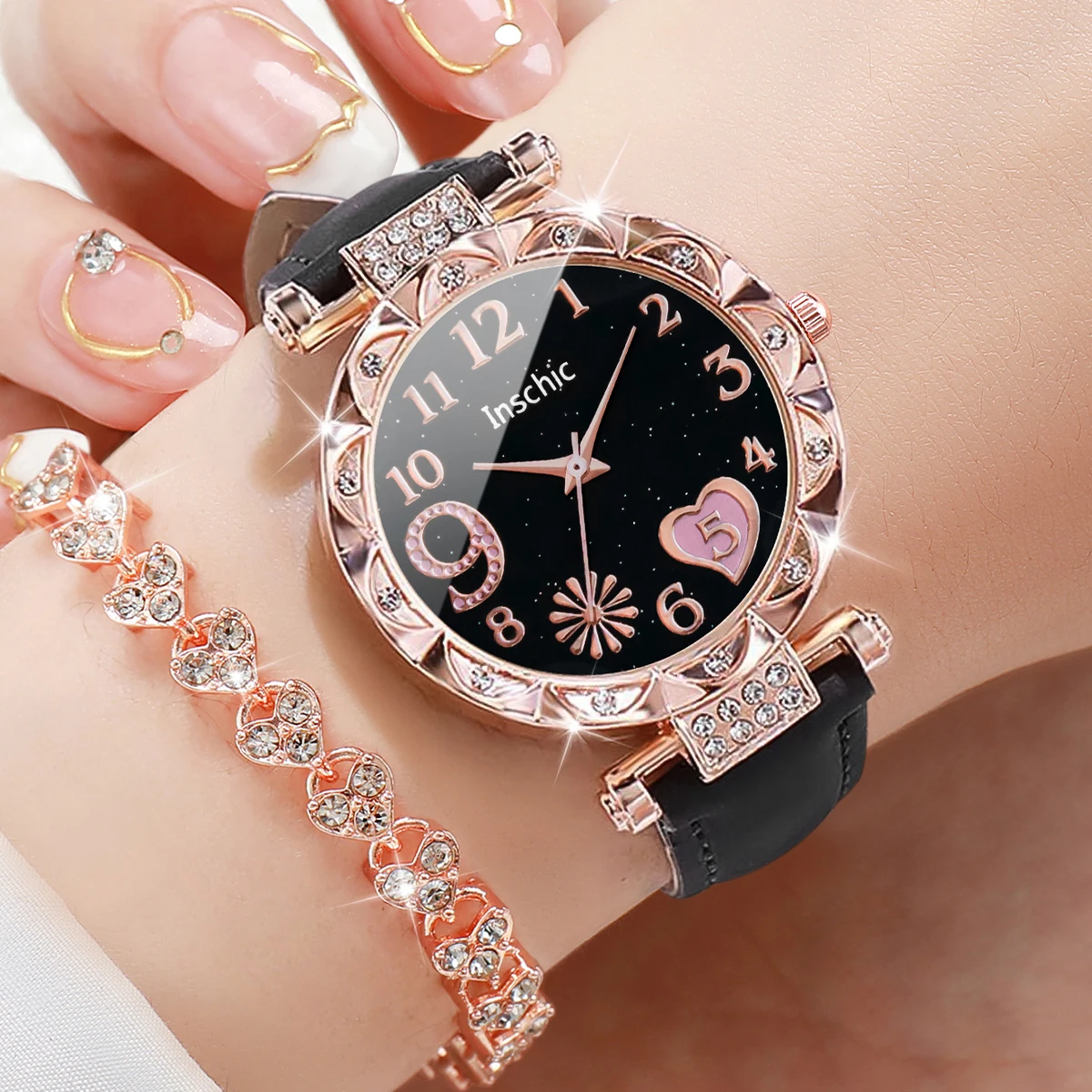 6PCS/Set Women's Fashion Watch Love Romantic Round Dial Leather Quartz Watch with Love Diamond Bracelet