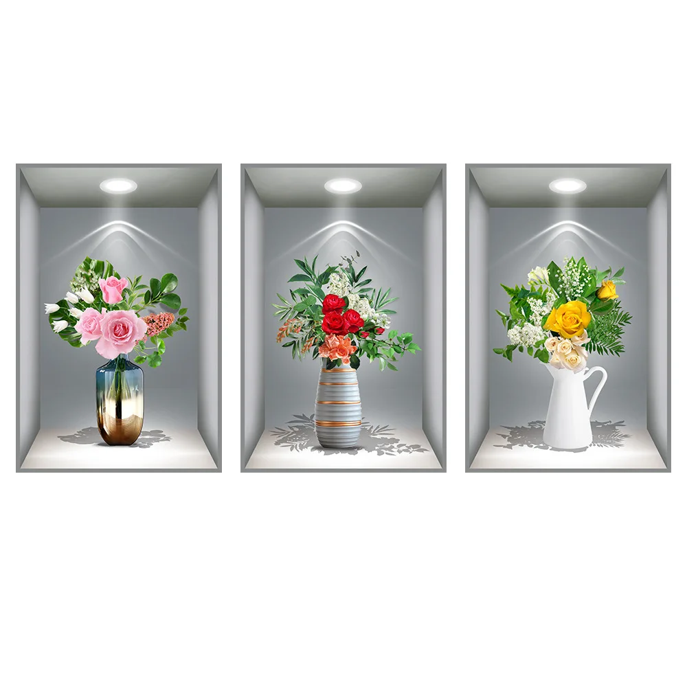 3D effect potted triptych posters hallway staircase decorative painting hotel restaurant wall plant stickers