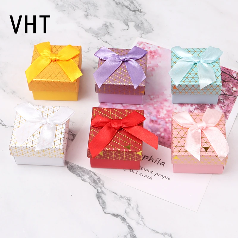 12Pcs Fashion Bronzing Stamped Bow Romantic Jewelry Case Paper Earrings Ring Box Party Packaging Wholesale 5x5x3.5cm