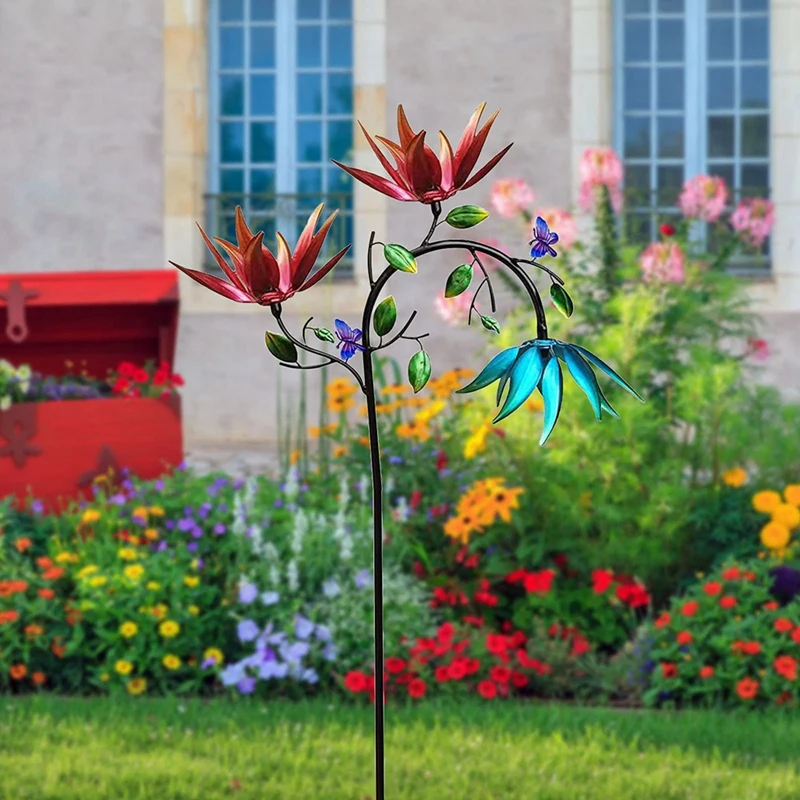 

1 PCS Wind Spinner Fit For Yard And Garden Large Metal With 3 Spinning Flowers And Butterflies