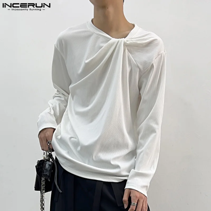 

Футболка INCERUN мужская с круглым вырезом, однотонная Повседневная плиссированная рубашка с длинным рукавом, модная уличная одежда в Корейском стиле, топы для отдыха, 2024