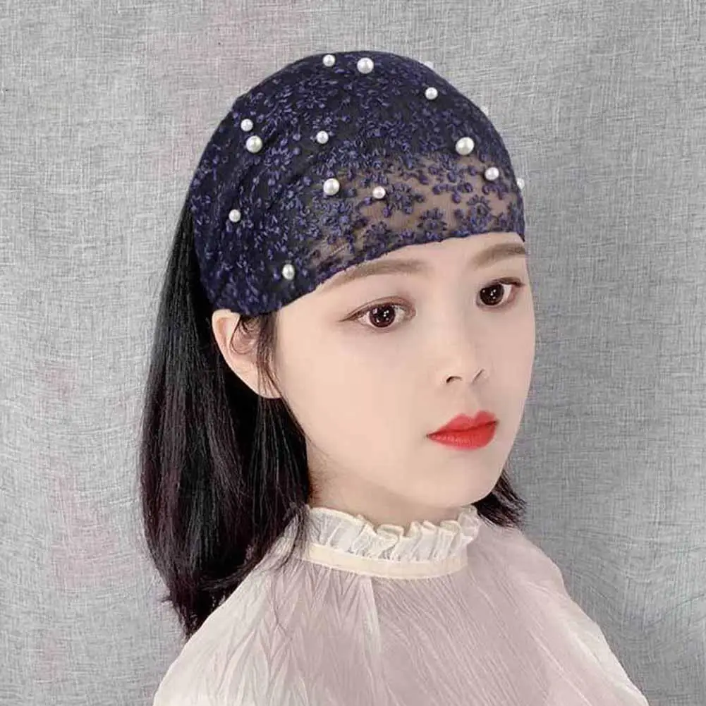 

Pearl Lace Embroidered Hairband Fashion Wide Brim Lace Headband Covering White Hair Women Headwear Hat Broken Hair Headband