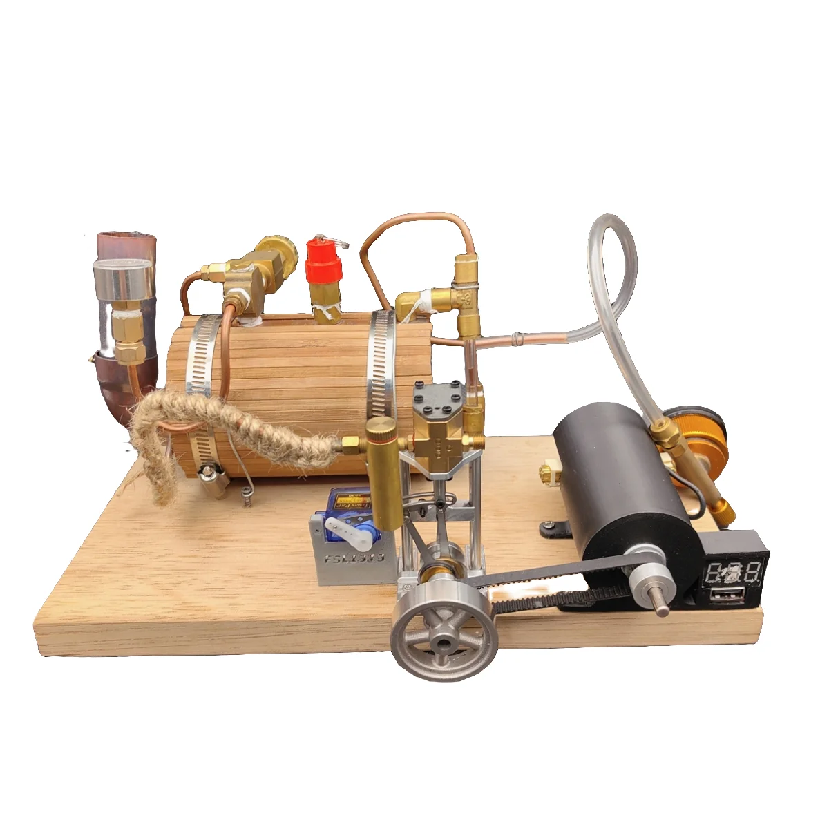 

Steam Engine Generator Model Kit ( with Boiler, Generator , Voltage Regulator, Voltage Display , Wooden Base, Regulator , Etc )