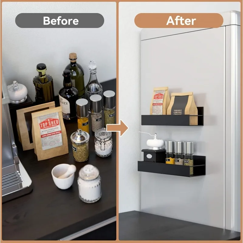 Storage Rack-Metal Shelves with Hooks 2PCS Strong Magnetic Grip Stylish Sturdy & Versatile Refrigerator Storage Space Saving
