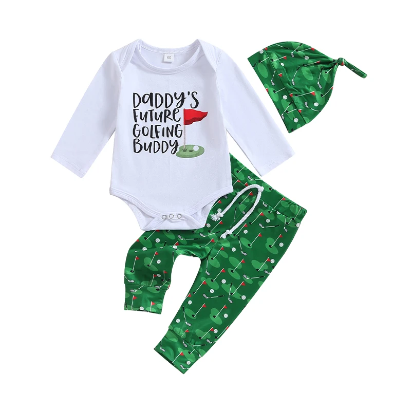 

Infant Baby Fall Jumpsuit Outfits Letter Print Long Sleeve Romper + Golf Pattern Pants + Knotted Hat