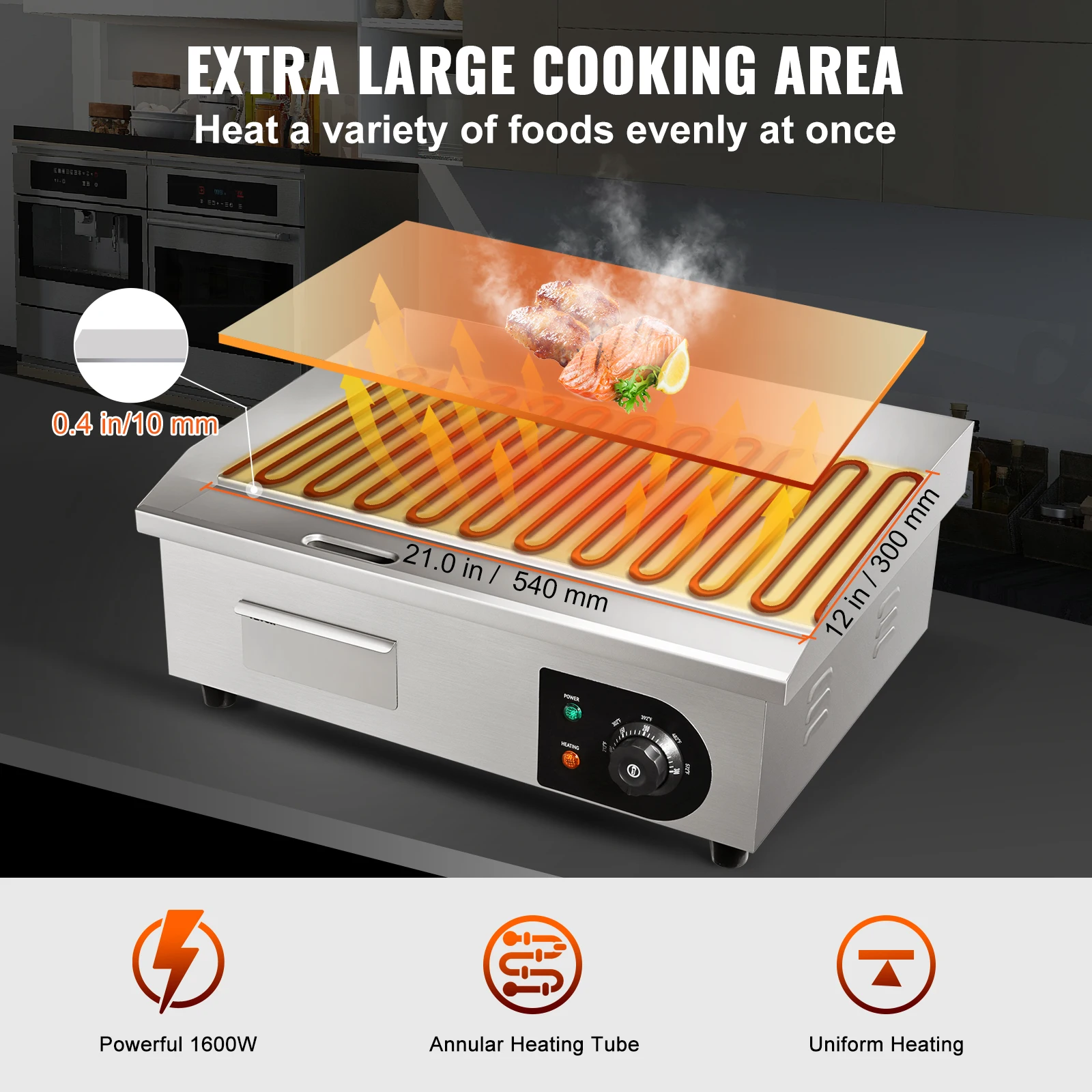 VEVOR 22In Commercial Electric Grill Flat Pan Stainless Steel Desktop Griddle Hotplate Teppanyaki Grill With Temperature Control 3